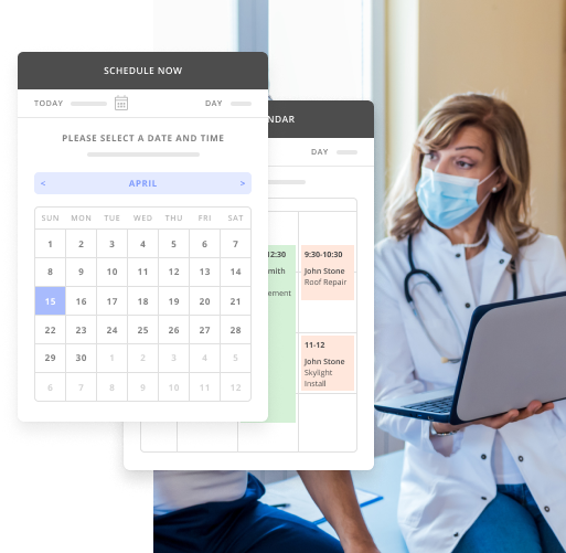 Female Doctor Holding a Laptop Talking with a Patient with a View of Thryv's Appointment Scheduling Tool