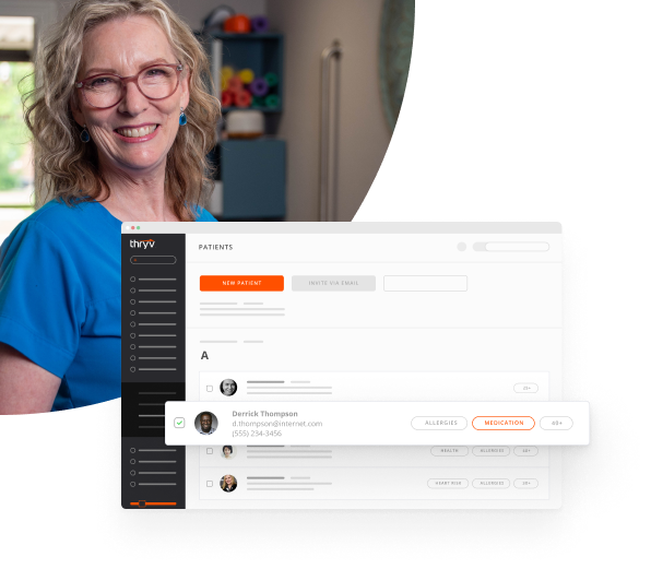 Smiling Female Doctor With Glasses in Blue Scrubs with a Snapshot of Thryv's CRM for Medical Practices